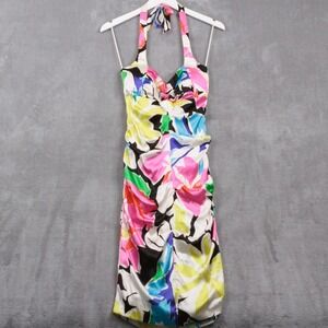 CACHE Vtg Y2K Silk Satin Halter Dress Ruched Floral Midi Bodycon Dress Sz 10‎
